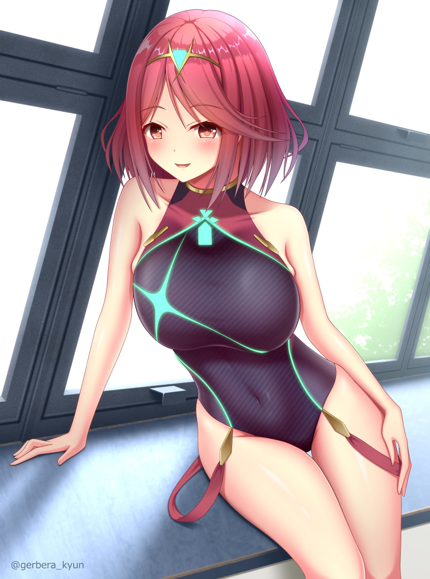 1girl absurdres artist_name bangs blush breasts competition_swimsuit covered_navel day eyebrows_visible_through_hair gem gerbera_kyun hair_ornament headpiece highres homura_(xenoblade_2) jewelry large_breasts leaf looking_at_viewer one-piece_swimsuit open_mouth pool pose red_eyes red_hair sitting sky smile sunlight swept_bangs swimsuit thighs tiara turtleneck twitter_username xenoblade_(series) xenoblade_2