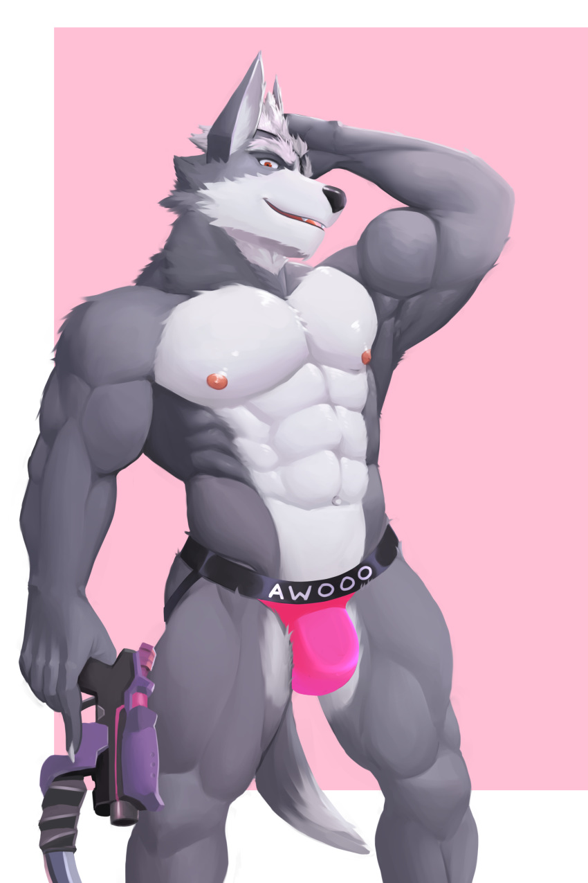 2019 abs absurd_res anthro bulge canid canine canis clothed clothing digital_media_(artwork) eyewear fur hi_res holding_object holding_weapon jockstrap jrjresq looking_at_viewer male mammal muscular muscular_male nintendo nipples open_mouth pecs ranged_weapon simple_background smile solo star_fox underwear video_games weapon wolf wolf_o'donnell