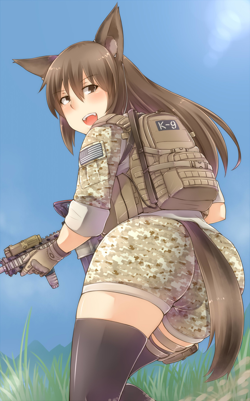 2015 absolute_territory animal_humanoid ayyh15 backpack brown_eyes brown_fur brown_hair butt canid canid_humanoid canine canine_humanoid clothed clothing day female fluffy fluffy_tail fur gloves gun hair handwear hi_res holding_object holding_weapon humanoid inner_ear_fluff legwear long_hair looking_back mammal mammal_humanoid open_mouth outside portrait ranged_weapon rifle solo thigh_highs three-quarter_portrait translucent translucent_hair united_states_of_america weapon