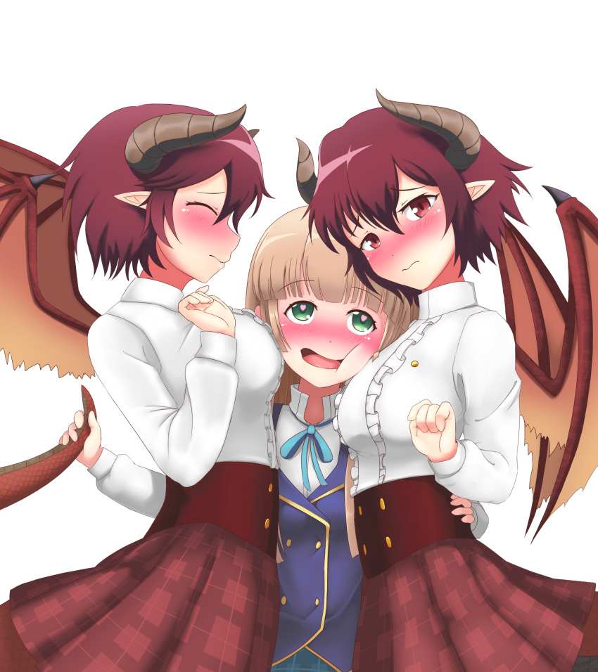 3girls anne_(shingeki_no_bahamut) blonde_hair blush breast_press breasts closed_eyes commentary_request dragon_girl dragon_horns dragon_tail dragon_wings dual_persona embarrassed granblue_fantasy grea_(shingeki_no_bahamut) green_eyes heart heart-shaped_pupils highres horns large_breasts long_hair looking_at_viewer manaria_friends multiple_girls pointy_ears purple_eyes purple_hair school_uniform shadowverse shingeki_no_bahamut short_hair simple_background symbol-shaped_pupils tail tail_grab time_paradox wavy_mouth white_background wings xiao_huang_(yellowbean) yuri