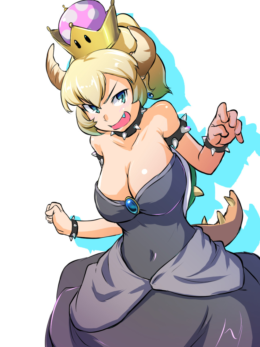 1girl bare_shoulders black_collar black_dress blonde_hair blue_earrings blue_eyes bowsette bracelet breasts claw_pose cleavage clenched_hand collar commentary covered_navel crown dress dutch_angle fang highres horns jewelry large_breasts long_dress mario_(series) new_super_mario_bros._u_deluxe open_mouth silhouette simple_background smirk solo spiked_armlet spiked_bracelet spiked_collar spiked_shell spiked_tail spikes strapless strapless_dress super_crown tail toraneko555 turtle_shell v-shaped_eyebrows white_background