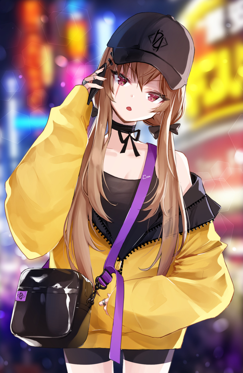1girl ankkoyom bag bare_shoulders black_headwear black_shorts black_tank_top blush bow breasts brown_hair cellphone choker commentary girls_frontline hair_bow hair_ornament hairclip hat head_tilt highres holding holding_phone jacket jewelry listening long_hair long_sleeves looking_to_the_side multicolored multicolored_background off_shoulder open_clothes open_jacket open_mouth phone puffy_long_sleeves puffy_sleeves purple_eyes ring scar scar_across_eye short_shorts shorts shoulder_bag sleeves_past_wrists smartphone solo talking talking_on_phone tank_top ump9_(girls_frontline) yellow_jacket
