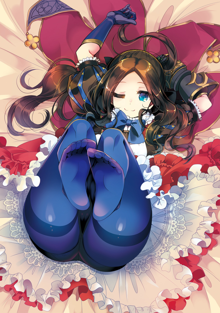 1girl arms_up ass blue_eyes blue_gloves blue_legwear brown_hair cape commentary_request dress dress_lift fate/grand_order fate_(series) feet gloves highres izumiya_otoha knees_up leg_lift legs legs_up leonardo_da_vinci_(fate/grand_order) lifted_by_self long_hair lying on_back one_eye_closed panties panties_under_pantyhose pantyhose presenting red_cape red_dress see-through smile soles solo thighband_pantyhose thighs toes underwear white_panties