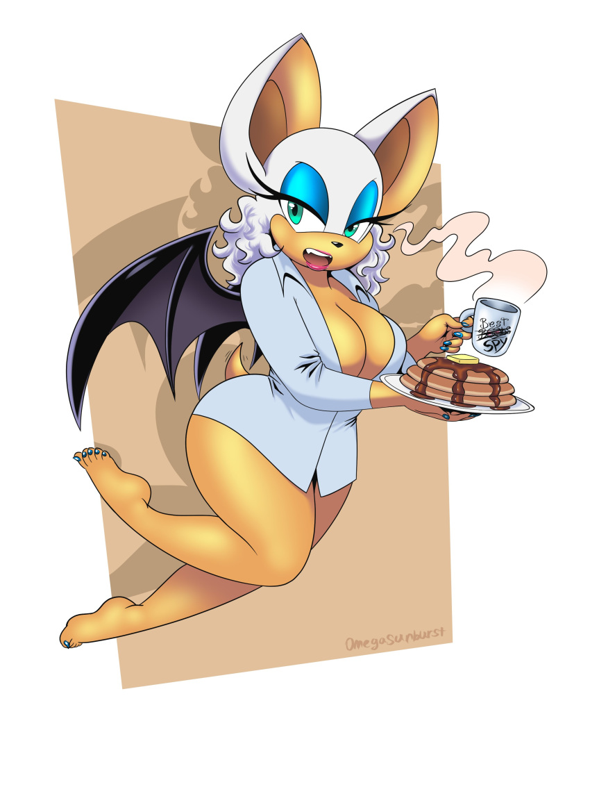 absurd_res barefoot big_breasts breasts chiropteran feet female food hi_res looking_at_viewer mammal nails omegasunburst open_mouth pancake rouge_the_bat solo sonic_(series) toenails toes wings