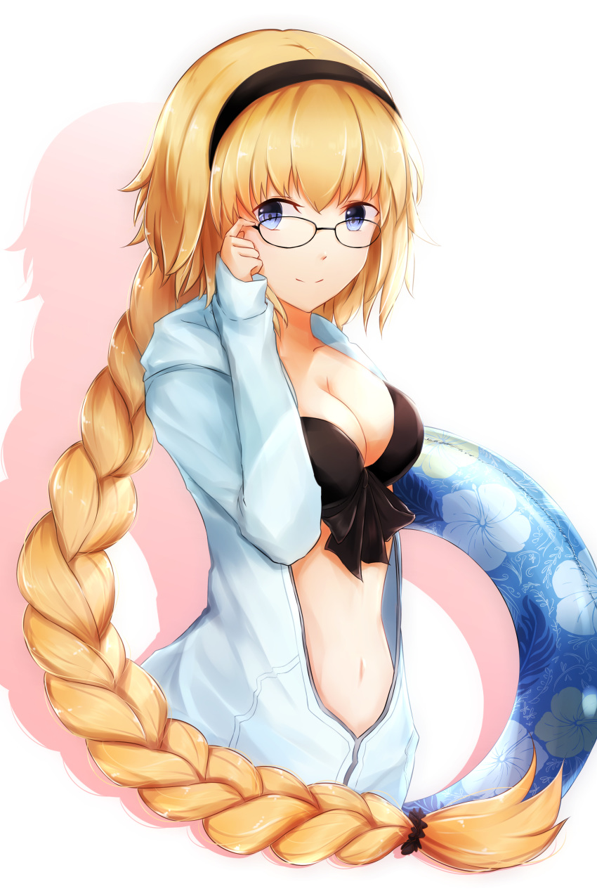 1girl absurdres bikini black-framed_eyewear black_bikini black_bikini_top black_hairband blonde_hair blue_eyes braid braided_ponytail breasts cleavage closed_mouth fate/grand_order fate_(series) floating_hair glasses hairband hibiscus_print highres hood hood_down hooded_jacket innertube jacket jeanne_d'arc_(fate)_(all) jeanne_d'arc_(swimsuit_archer) long_hair long_sleeves looking_at_viewer medium_breasts midriff navel open_clothes open_jacket ponytail single_braid slime_(user_jpds8754) smile solo stomach swimsuit very_long_hair white_jacket