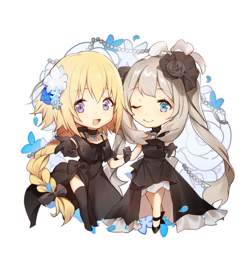 :d ;) alternate_costume ankle_ribbon bare_legs bare_shoulders black_bow black_dress black_footwear black_gloves black_legwear black_ribbon blonde_hair blue_eyes bow braid chibi dress fate/apocrypha fate/grand_order fate_(series) flower formal gloves hair_flower hair_ornament hair_ribbon hand_on_another's_arm highres jeanne_d'arc_(fate) jeanne_d'arc_(fate)_(all) jewelry long_hair looking_at_viewer marie_antoinette_(fate/grand_order) neck_ribbon necklace no-kan off_shoulder one_eye_closed open_mouth outstretched_hand purple_eyes reaching ribbon side_slit silver_hair simple_background sleeveless sleeveless_dress smile thighhighs twintails white_background zettai_ryouiki