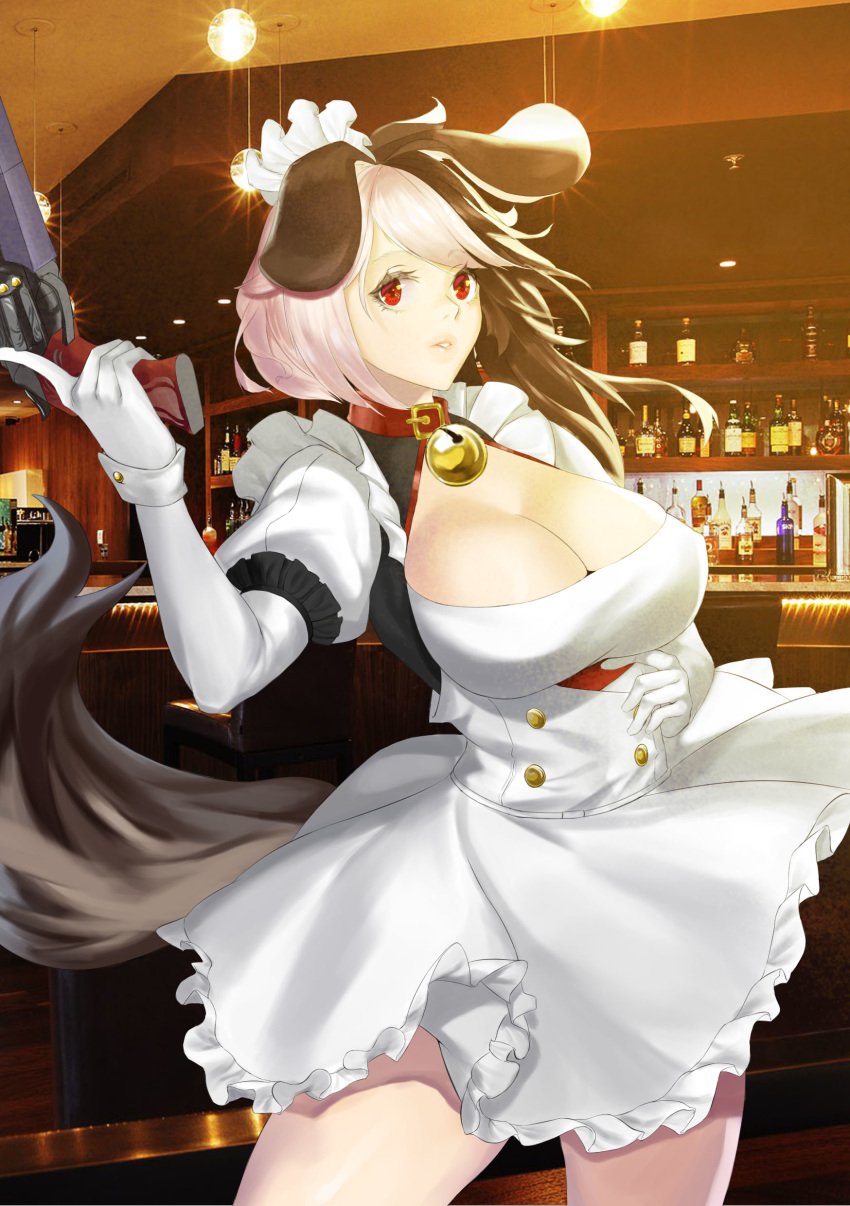 1girl absurdres animal_ears apron bangs bar bar_stool bell bell_collar bottle breasts brown_hair cleavage colive collar dog_collar dog_ears dog_girl dog_tail frilled_apron frills gun hachiko_(last_origin) hand_on_hip handgun highres holding holding_gun holding_weapon index_finger_raised indoors jingle_bell large_breasts last_origin maid maid_headdress multicolored_hair parted_lips photo_background red_collar red_eyes revolver solo stool swept_bangs tail two-tone_hair weapon white_apron white_hair