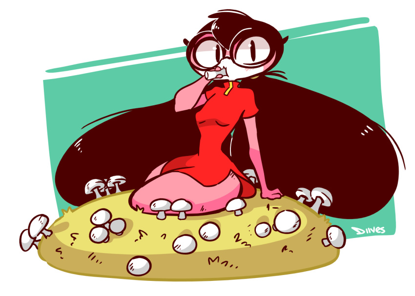 2019 anthro biped black_hair blouse bottomwear breasts chinese_clothing chinese_dress clothing digital_media_(artwork) diives dress eating eyelashes eyewear female food fungus glasses gū hair holding_food holding_object looking_at_viewer mushroom pink_scales reptile scales scalie signature sitting slit_pupils small_breasts snake solo thick_thighs xingzuo_temple