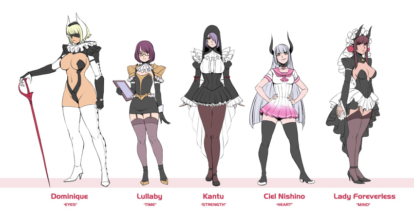 absurd_res big_breasts blindfold breasts ciel_(drzexxck) clothing doctorzexxck eyewear female flat_chested footwear garter_straps glasses group hi_res high_heels horn horned_humanoid human humanoid legwear maid_uniform mammal melee_weapon not_furry rapier shoes sword thigh_highs uniform weapon