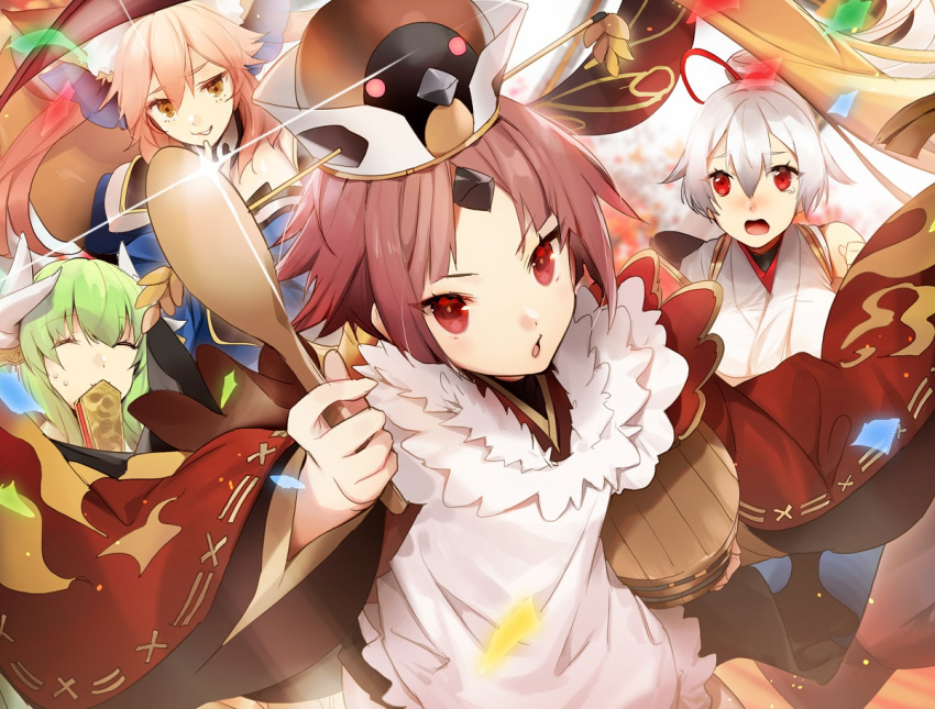4girls :o ^_^ animal_ears apron bare_shoulders benienma_(fate/grand_order) blue_bow bow bucket closed_eyes covering_mouth fan fan_to_mouth fate/extra fate/grand_order fate_(series) fox_ears green_hair grin hair_bow hat high_ponytail holding holding_bucket holding_spoon horns japanese_clothes kiyohime_(fate/grand_order) long_hair long_sleeves looking_at_viewer multiple_girls no-kan open_mouth pink_hair ponytail red_eyes red_hair smile spoon sweat tamamo_(fate)_(all) tamamo_no_mae_(fate) tearing_up tomoe_gozen_(fate/grand_order) twintails white_apron white_hair white_horns wide_sleeves wooden_bucket wooden_spoon yellow_eyes
