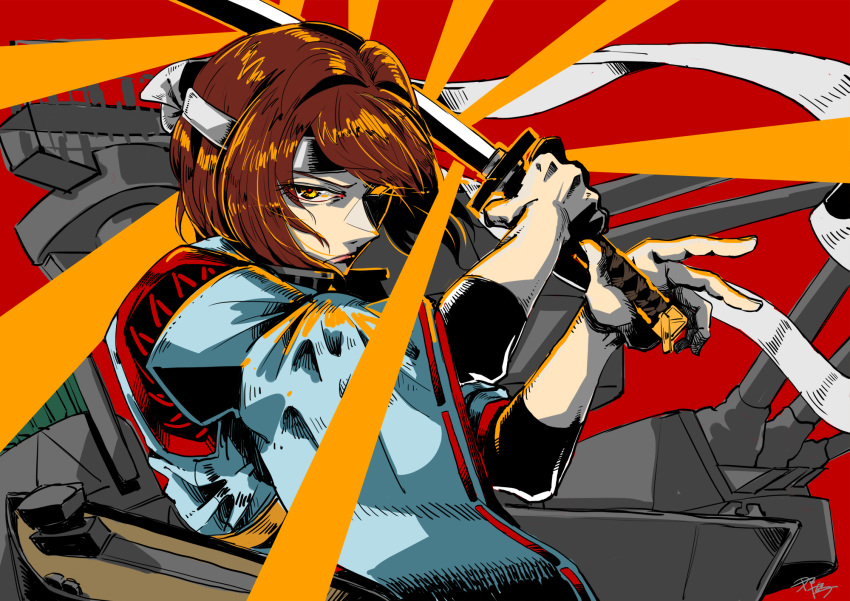 1girl bangs brown_hair cannon closed_mouth glowing glowing_eye headband highres holding holding_sword holding_weapon hyuuga_(kantai_collection) japanese_clothes kantai_collection katana lips nahato_(nhtaao) nontraditional_miko red_background remodel_(kantai_collection) rigging short_hair signature solo sword undershirt weapon wide_sleeves