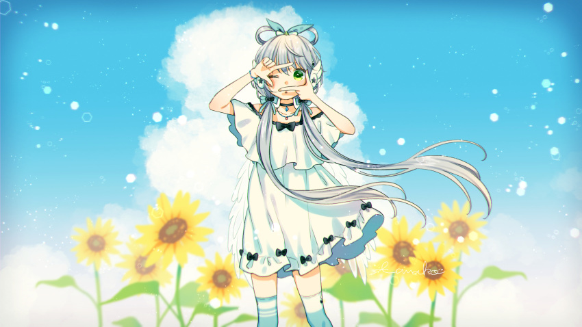 blue_sky cloud commentary cowboy_shot dress dress_bow finger_frame flower frilled_dress frills green_eyes hair_ribbon hair_rings hands_up highres jewelry luo_tianyi mismatched_legwear mizutamako necklace one_eye_closed outdoors parted_lips ribbon short_hair_with_long_locks silver_hair sky star sunflower thighhighs vocaloid vocanese white_dress wing_ornament