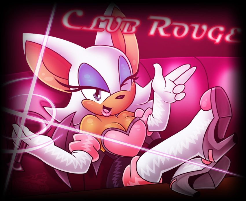 breasts chiropteran cleavage clothed clothing english_text female high_heeled_boots looking_at_viewer mammal omegasunburst one_eye_closed open_mouth rouge_the_bat solo sonic_(series) text wine_glass wings wink