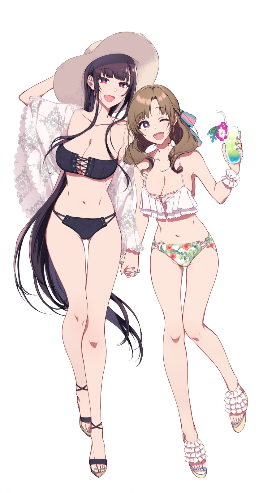 2girls :d ;d ane_naru_mono bangs bare_shoulders bikini black_bikini black_hair blue_nails blunt_bangs braid breasts brown_hair chiyo_(ane_naru_mono) cleavage collarbone commentary_request creator_connection cross-laced_bikini_top cup drink drinking_glass drinking_straw eyebrows_visible_through_hair floral_print flower full_body hand_on_headwear hat highres holding holding_cup holding_hands horizontal_pupils interlocked_fingers large_breasts long_hair looking_at_viewer multiple_girls navel one_eye_closed oosuki_mamako open_mouth pochi_(pochi-goya) print_bikini_bottom red_eyes simple_background smile stomach sun_hat swimsuit toenail_polish tsuujou_kougeki_ga_zentai_kougeki_de_ni-kai_kougeki_no_okaasan_wa_suki_desu_ka? very_long_hair white_background white_bikini_top