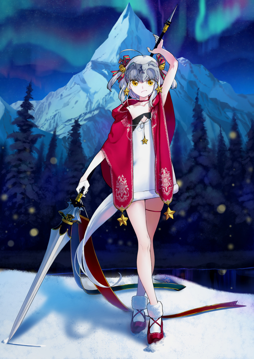1girl absurdres ahoge arm_up aurora closed_mouth collarbone dress fate/grand_order fate_(series) floating_hair forest frown full_body highres holding holding_spear holding_weapon hood hood_down jeanne_d'arc_(fate)_(all) jeanne_d'arc_alter_santa_lily kaede_(shijie_heping) long_hair looking_at_viewer mountain nature night outdoors polearm red_footwear red_ribbon ribbon river short_dress silver_hair sky snow solo spear standing star_(sky) starry_sky strapless strapless_dress thigh_strap very_long_hair weapon white_dress white_legwear yellow_eyes