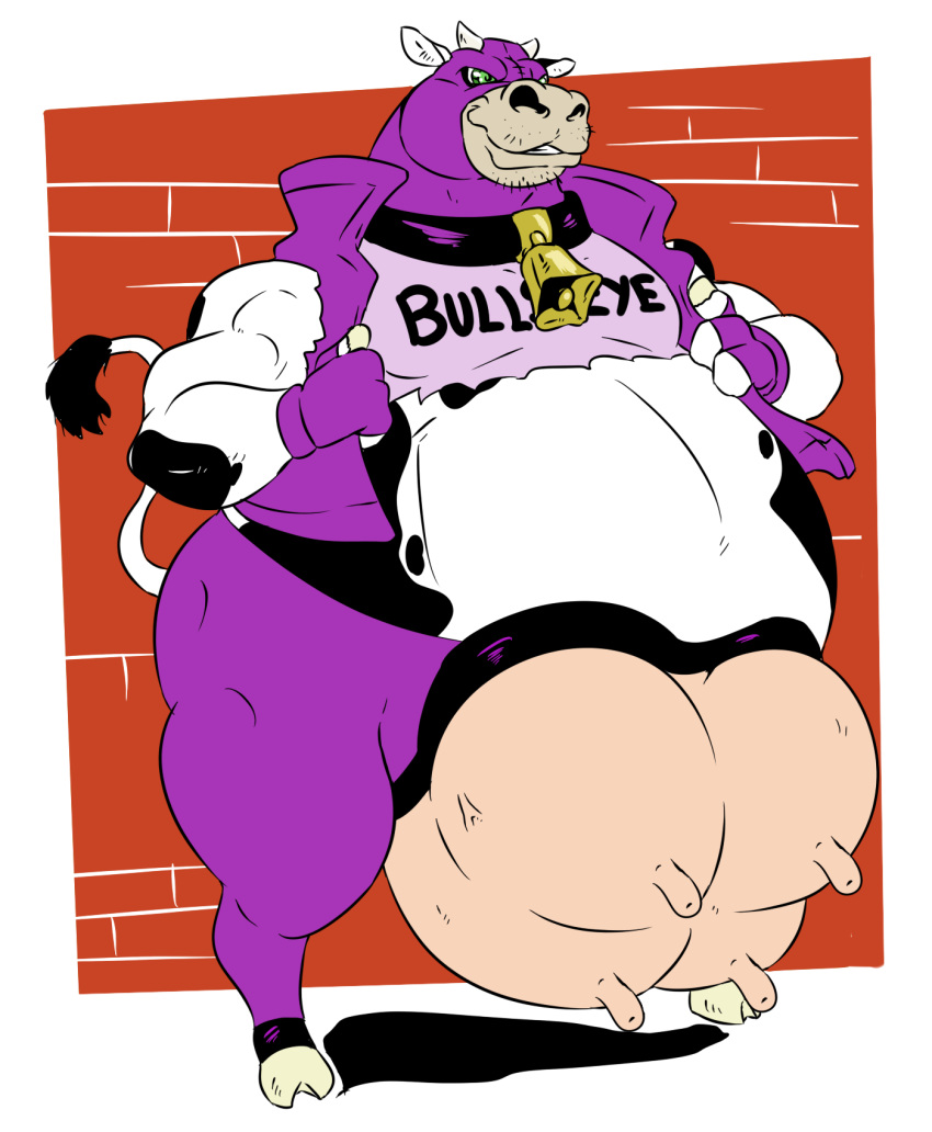 anthro bell belly big_belly bovid bovine brick_wall cattle clothed clothing collar cow_tail cowbell female fur gloves grin handwear hi_res holstein_friesian_cattle hooves horn mammal mask musclegut muscular muscular_female open_shirt overweight overweight_female reagan700 smile solo spots spotted_fur stubble tail_tuft tank_(reagan700) teats thick_thighs torn_clothing tuft udders white_fur wrestler