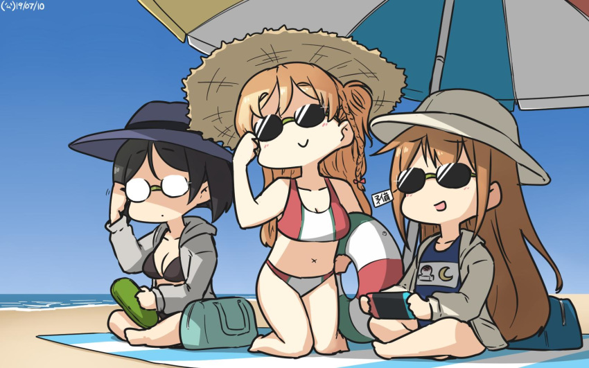 3girls bag beach beach_umbrella bikini black_bikini black_hair blonde_hair blue_sky blue_swimsuit bob_cut braid brown_hair commentary_request crescent dated french_braid gradient_sky grey_headwear grey_jacket hat highres hood hooded_jacket hoodie innertube jacket kantai_collection kirishima_(kantai_collection) long_hair mochizuki_(kantai_collection) multiple_girls nintendo_switch school_uniform short_hair sky smile sunglasses swimsuit translation_request two-tone_bikini umbrella wavy_hair x_navel zara_(kantai_collection)