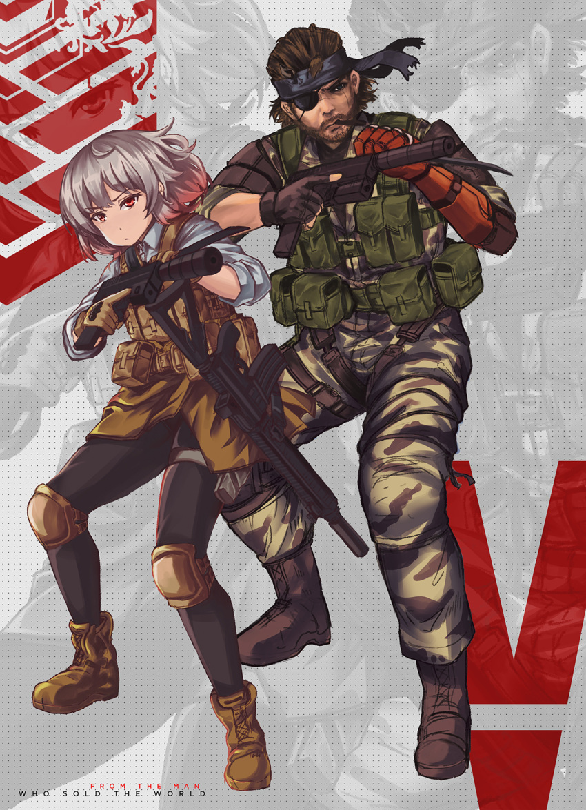 1boy 1girl ahoge assault_rifle bandana beard boots brown_hair camouflage camouflage_jacket camouflage_pants crossover emblem english_text eyepatch facial_hair fingerless_gloves flashlight gentiane_(girls_frontline) girls_frontline gloves gun handgun highlights highres knee_pads mechanical_arm metal_gear_(series) metal_gear_solid_v multicolored_hair pants persocon93 red_eyes red_hair rifle scar scar_across_eye silver_hair suppressor tactical_clothes venom_snake weapon