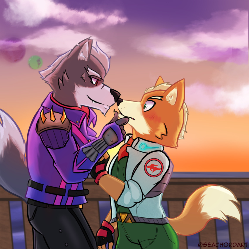 1:1 2019 blush canid canine canis clothed clothing fox fox_mccloud hi_res jacket kissing male male/male mammal nintendo romantic seachord smile star_fox surprise topwear video_games wolf wolf_o'donnell