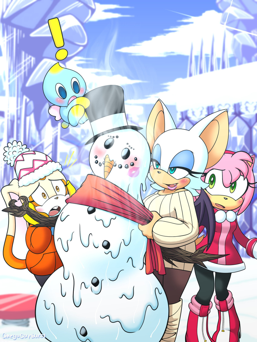 ! absurd_res amy_rose blush boots carrot chao cheese_the_chao chiropteran clothing cream_the_rabbit eulipotyphlan food footwear hat headgear headwear hedgehog hi_res jacket kiss_mark lagomorph leporid lipstick makeup mammal melting omegasunburst open_mouth plant rabbit rouge_the_bat snow snowman sonic_(series) spring sweater_dress top_hat topwear vegetable