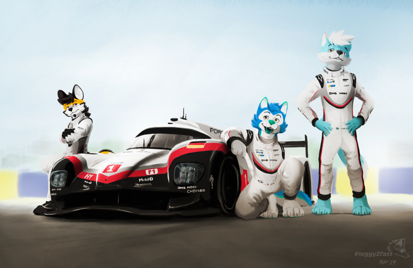 anthro canid canine car clothed clothing fur group hair hands_on_hips hi_res male mammal open_mouth outside porsche porsche_919 smile standing the_raf vehicle