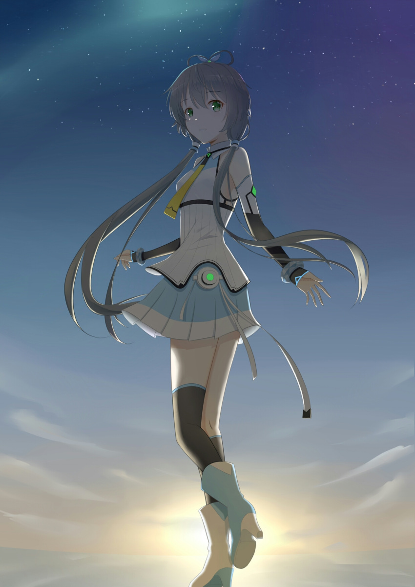 1girl asymmetrical_legwear bare_shoulders birthday black_hair blue_sky boots bow chinese_commentary commentary dawn detached_sleeves full_body green_eyes hair_bow hair_rings highres leg_up looking_at_viewer looking_to_the_side luo_tianyi necktie parted_lips rei_san39 short_hair_with_long_locks sidelocks skirt sky solo standing star_(sky) starry_sky sunrise thighhighs vocaloid vocanese
