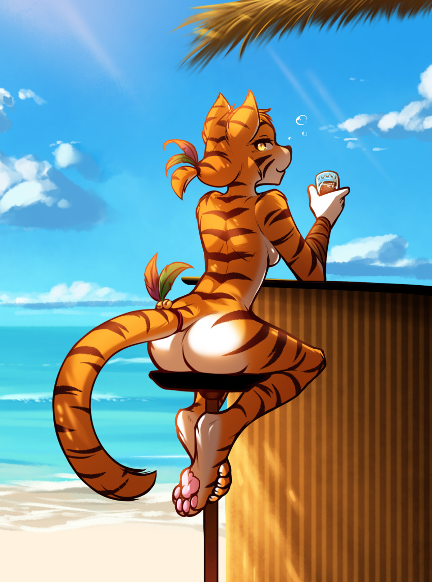 2018 alcohol amber_eyes anthro arched_back bar beach bedroom_eyes bell beverage breasts butt casual_nudity digitigrade drunk feather_in_hair feathers feline female fur glass half-closed_eyes hi_res holding_object keidran looking_at_viewer looking_back mammal multicolored_fur nude orange_fur pawpads ponytail rear_view sea seaside seductive side_boob sitting sky smile solo striped_fur stripes therie_sah-van tiger tom_fischbach twokinds water webcomic white_fur