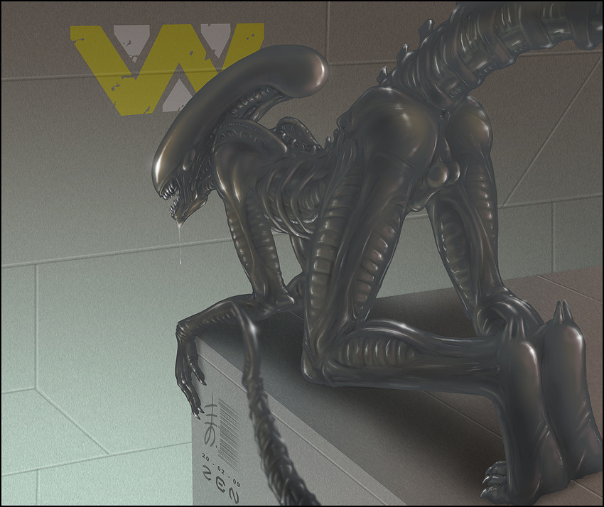 2009 alien alien_(franchise) all_fours anus balls butt drooling eyeless logo male open_mouth penis presenting presenting_hindquarters raised_tail saliva sheath solo weyland_yutani xenomorph zen