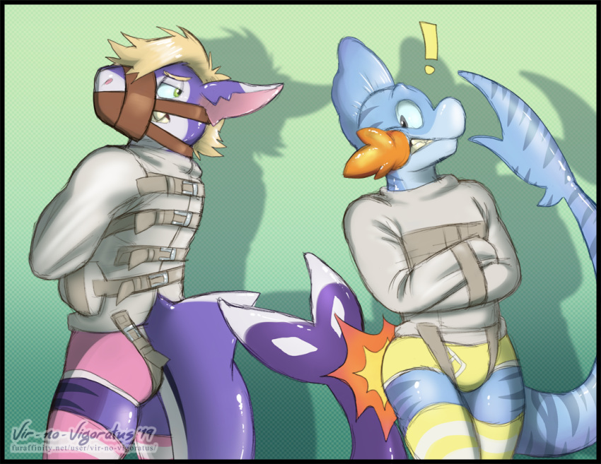 ! 2019 anthro blonde_hair briefs clothing digital_drawing_(artwork) digital_media_(artwork) duo fish glistening green_background green_eyes hair hybrid kippy_the_sharkip legwear male marine mudkip muzzle_(object) muzzled nintendo pattern_clothing pattern_legwear pok&eacute;mon pok&eacute;mon_(species) raditas shark simple_background straitjacket striped_clothing striped_legwear stripes teeth underwear video_games vir-no-vigoratus