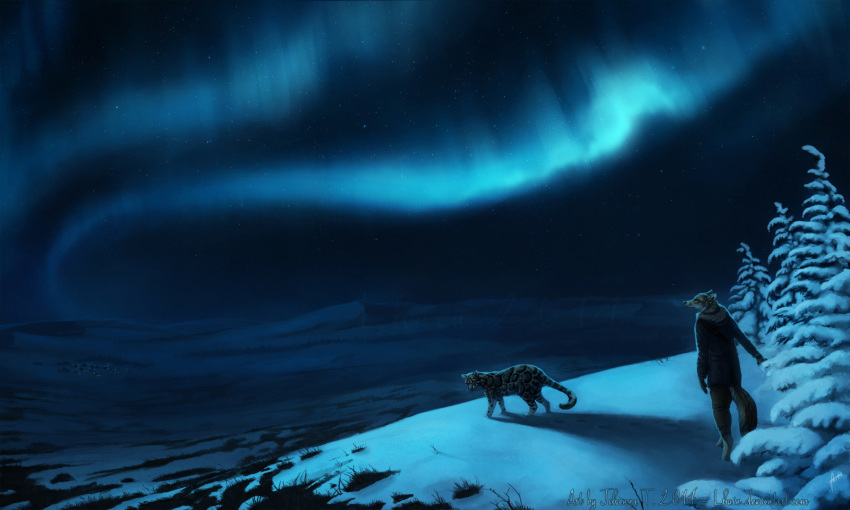 2014 ambiguous_gender anthro aurora_borealis barefoot bottomwear canid canine clothing coat detailed detailed_background digital_media_(artwork) duo felid feral fox fur grey_fur hi_res johis looking_back mammal mountain night outside pantherine pants shadow sky snow snow_leopard standing tree