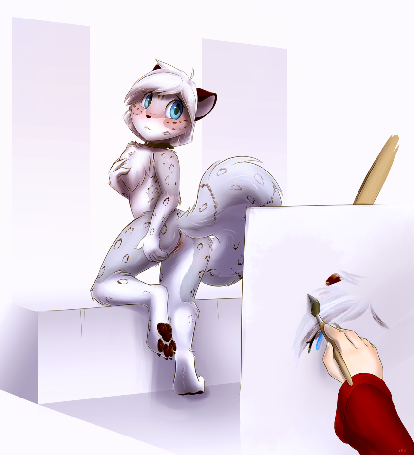 2019 anthro anus black_pawpads blue_eyes blush bodily_fluids brush butt chest_tuft collar creating_art cub digitigrade disembodied_hand easel embarrassed eric_vaughan felid female first_person_view flat_chested fluffy fluffy_tail fur genital_fluids grey_fur hair hi_res holding_object keidran looking_back maeve_(twokinds) mammal multicolored_fur nervous nude nude_modelling one_leg_up paintbrush pantherine pawpads pose presenting presenting_hindquarters pussy pussy_juice raised_leg raised_tail rear_view simple_background slowderpyguy snow_leopard solo spots spotted_fur tuft twokinds unseen_character webcomic white_background white_fur white_hair young