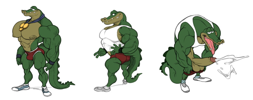 alligator alligatorid analon_(artist) anthro athlete big_nipples bodily_fluids breath clothing crocodile crocodilian crocodylid cum erection genital_fluids gold_medal green_scales green_skin hi_res huge_muscles huge_pecs male muscular nipples panting reptile scales scalie shirt tank_top topwear underwear