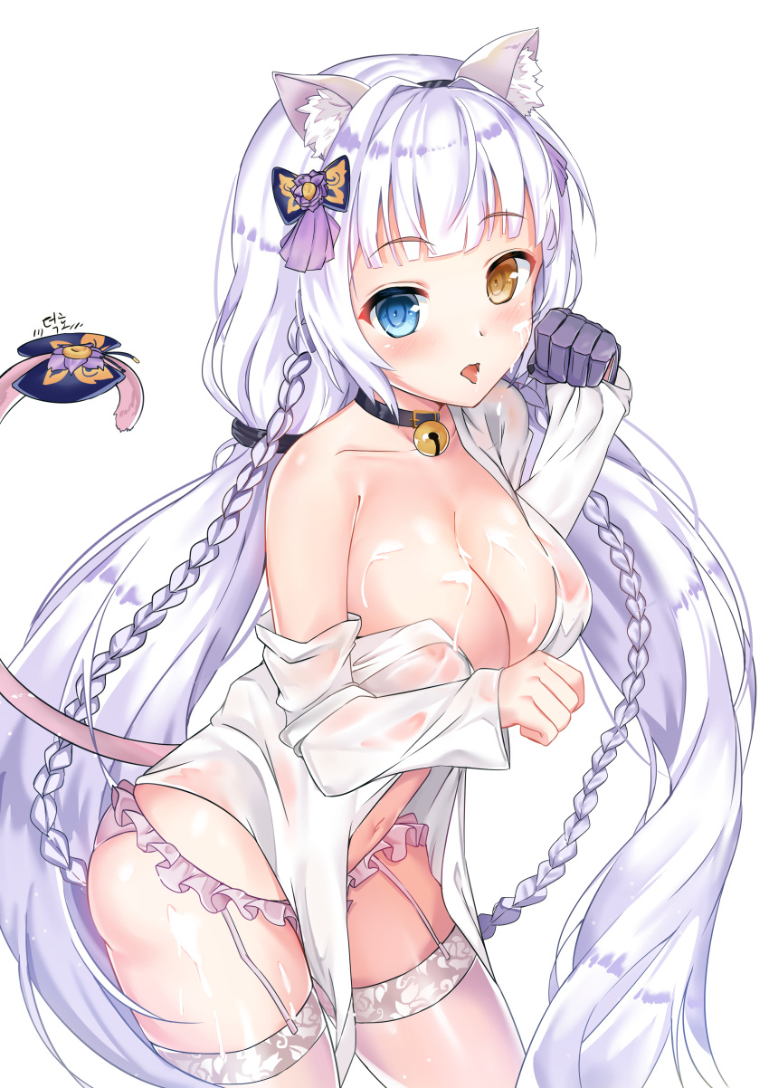 1girl :p absurdly_long_hair absurdres animal_ear_fluff animal_ears areola_slip areolae bangs bell bell_collar black_collar black_gloves blue_eyes blunt_bangs blush bow braid breasts cat_ears cat_girl cat_tail collar collared_shirt cs_perrault_(last_origin) deogho_(liujinzy9854) dress_shirt eyebrows_visible_through_hair gloves hair_bow hairband heterochromia highres large_breasts last_origin long_hair long_sleeves looking_at_viewer low_twintails milk navel off_shoulder open_clothes open_shirt panties paw_pose pink_panties shirt simple_background single_bare_shoulder single_glove solo tail tail_bow thighhighs tongue tongue_out twin_braids twintails underwear very_long_hair white_background white_hair white_shirt yellow_eyes