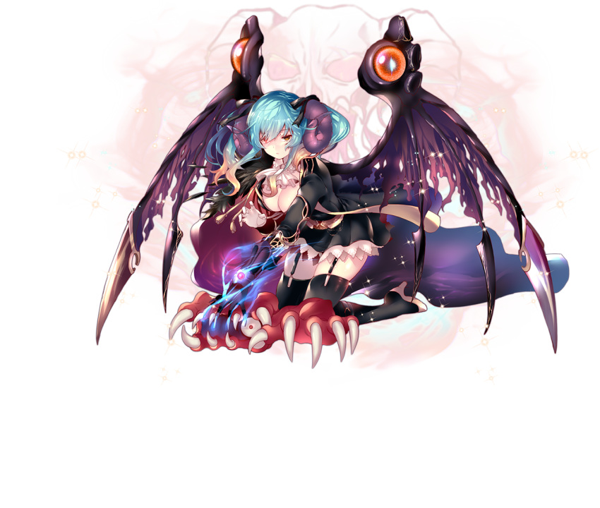 1girl aqua_hair breasts clawed_gauntlets cleavage_cutout demon demon_girl demon_horns demon_wings eyebrows_visible_through_hair garter_straps garters gauntlets gloves goat_horns gothic_lolita gradient_hair high_heels horn_ribbon horns kneeling lapis_(sennen_sensou_aigis) large_breasts leg_belt lolita_fashion looking_at_viewer multicolored_hair official_art one-eyed ribbon sennen_sensou_aigis skull spirit tassel thighhighs torn_wings twintails wings yellow_eyes