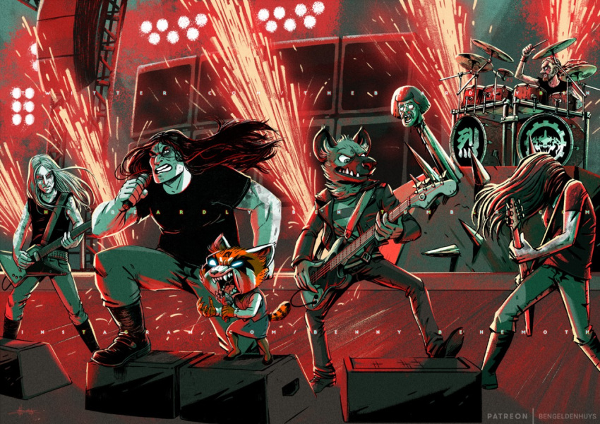 aggressive_retsuko ailurid bengeldenhuys concert drum fireworks guitar haida hair hyaenid long_hair mammal metalocalypse musical_instrument nathan_explosion pickles_(dethklok) red_panda retsuko sanrio skwisgaar_skwigelf spikes spotted_hyena toki_wartooth william_murderface