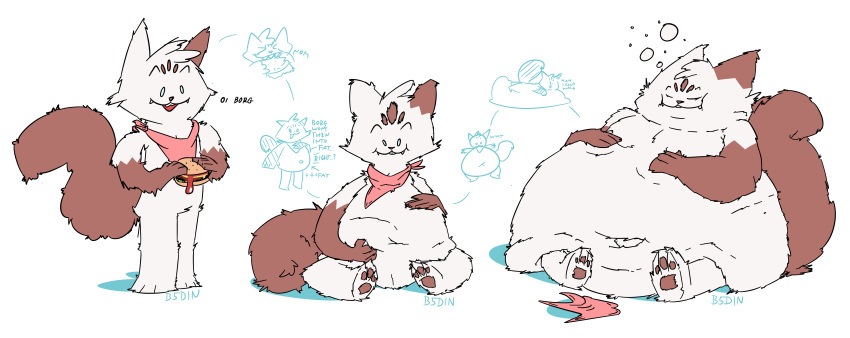 2019 :3 absurd_res anthro b5din_(artist) bandanna barefoot before_and_after belly big_belly burger chipflake chubby_cheeks digital_media_(artwork) domestic_cat double_chin eating expansion fangs felid feline felis food fur hi_res holding_belly hyper hyper_belly lazy love_handles mammal morbidly_obese navel nude obese open_mouth overbite overweight paws scarf sequence simple_background sitting sleeping slightly_chubby slim smile solo standing thick_thighs weight_gain white_background white_fur wide_hips