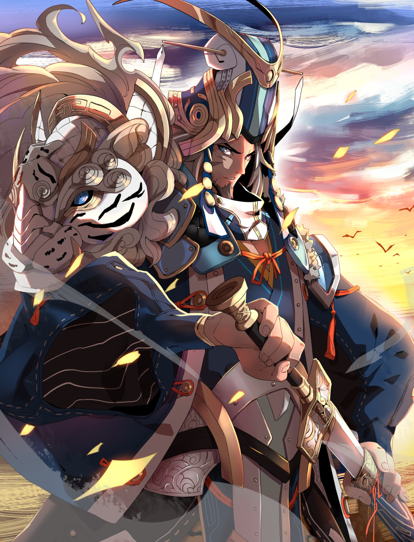 1boy absurdres armor backlighting blue_eyes character_request commentary_request facial_hair goatee hand_on_hilt helmet highres makai male_focus scabbard scar sengoku_taisen sheath shoulder_armor solo sunset sword unsheathing weapon
