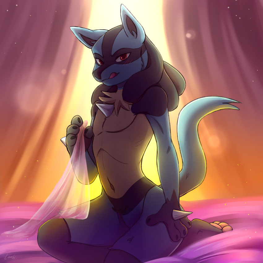 1:1 2019 ambiguous_gender anthro bed bedroom canid canine detailed_background featureless_crotch hi_res lucario mammal nintendo pok&eacute;mon pok&eacute;mon_(species) seductive smile the1an1 tongue video_games