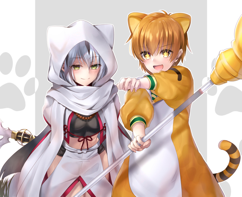 animal_ears black_hair blush breasts brown_eyes brown_hair cat_ears fate/grand_order fate_(series) hair_between_eyes hane_yuki highres jaguarman_(fate/grand_order) long_hair looking_at_viewer medium_breasts multicolored_hair nagao_kagetora_(fate) open_mouth polearm short_hair smile sparkling_eyes two-tone_hair very_long_hair weapon white_hair yellow_eyes