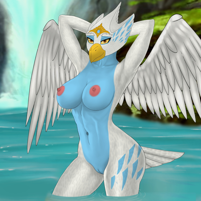 1:1 accipitrid accipitriform areola avian bathing bird breasts eagle eris_(legends_of_chima) female half-closed_eyes hi_res legends_of_chima lego nipples pussy solo water