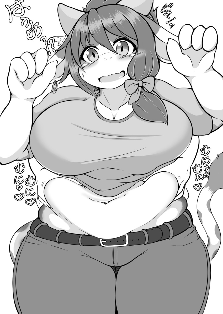 ambiguous_gender anthro belly belly_grab belt big_breasts blush bottomwear bovid bovine breasts cattle clothing female hi_res horn huge_breasts jeans mammal megane_inu open_mouth pants ribbons shirt slightly_chubby thick_thighs topwear voluptuous wide_hips