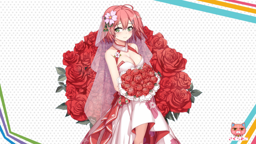 1girl absurdres ahoge alternate_costume blush bouquet breasts bridal_veil cat cherry_blossom_print cherry_blossoms cleavage cleavage_cutout crying crying_with_eyes_open dress dyx217 flower green_eyes hair_ornament hairclip highres holding holding_bouquet hololive kintoki_(miko_channel) leaf pink_hair red_flower red_rose rose sakura_miko side_ponytail tears veil virtual_youtuber wedding_dress