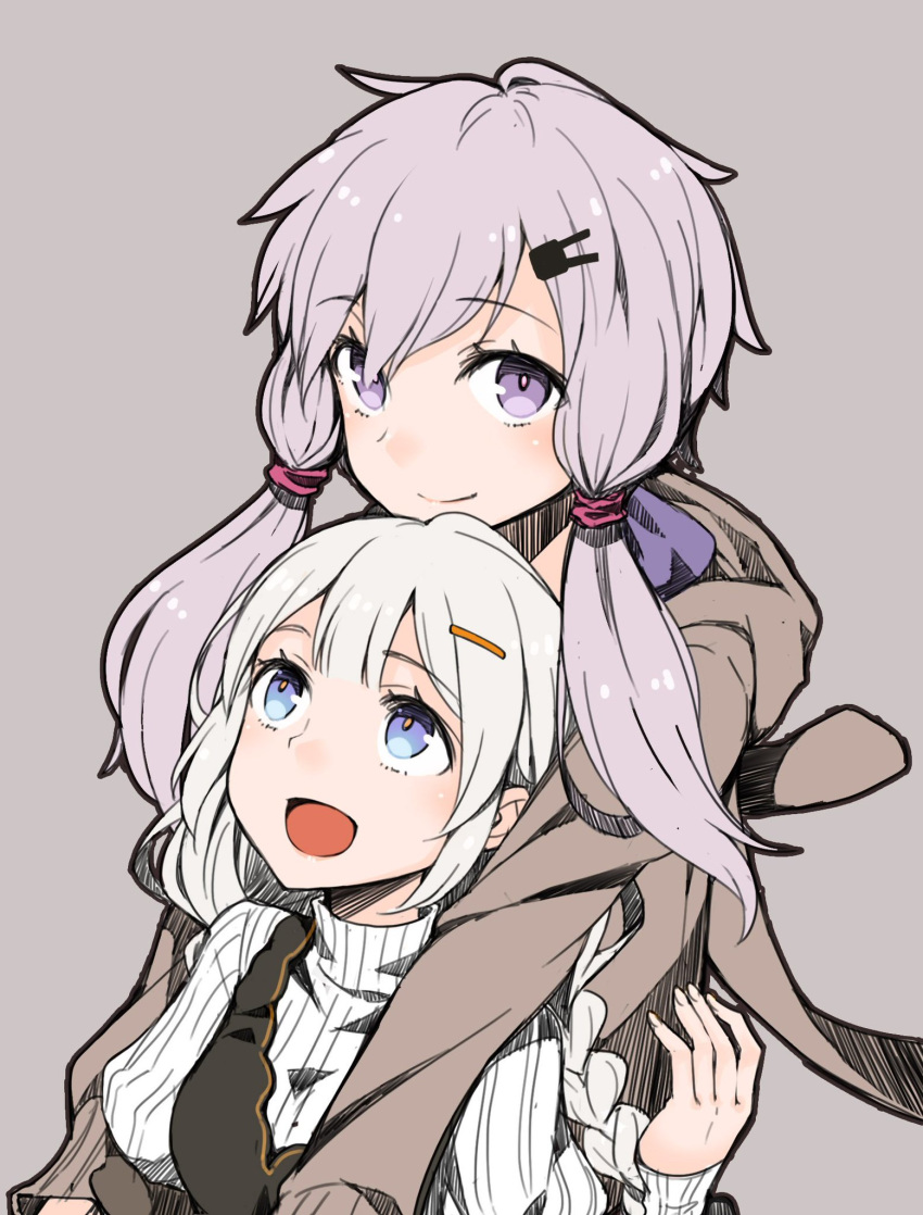 2girls ayakura_juu braid closed_mouth grey_background highres hood hoodie hug hug_from_behind image_sample kizuna_akari long_hair looking_at_viewer looking_up multiple_girls open_mouth purple_eyes purple_hair short_hair_with_long_locks simple_background smile twitter_sample vocaloid voiceroid white_hair yuzuki_yukari