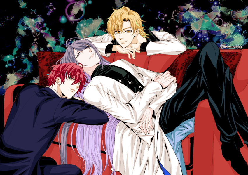 3boys abstract_background absurdly_long_hair ahoge arm_support asymmetrical_bangs bags_under_eyes bangs blonde_hair chin_rest couch crossed_legs formal green_eyes green_hair hair_between_eyes half-closed_eyes higashiyama_kazuko hypnosis_mic izanami_hifumi jinguuji_jakurai kannonzaka_doppo kneeling labcoat long_hair male_focus multicolored_hair multiple_boys parted_lips purple_eyes purple_hair red_hair short_hair smile streaked_hair suit turtleneck two-tone_hair very_long_hair yellow_eyes