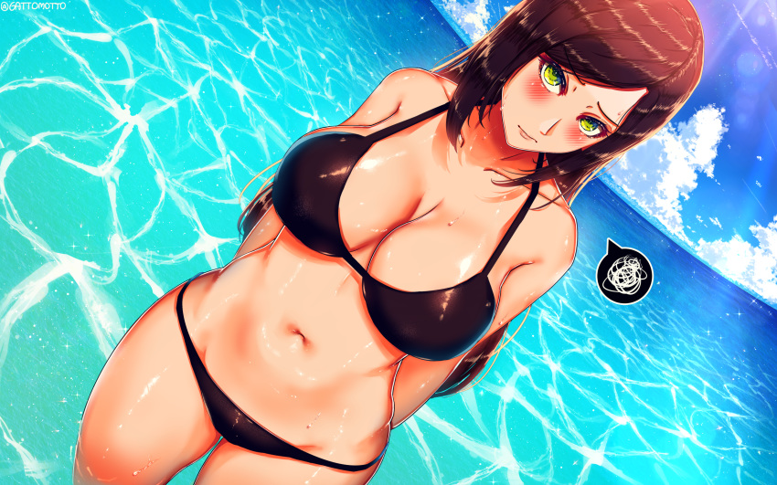 arms_behind_back bangs bare_shoulders bikini black_bikini blue_sky blush breasts brown_hair cleavage closed_mouth cloud collarbone commentary_request dutch_angle highres idolmaster idolmaster_cinderella_girls large_breasts long_hair looking_at_viewer lunaticat mukai_takumi navel ocean partially_submerged sky stomach swept_bangs swimsuit thighs water water_drop waves wet yellow_eyes