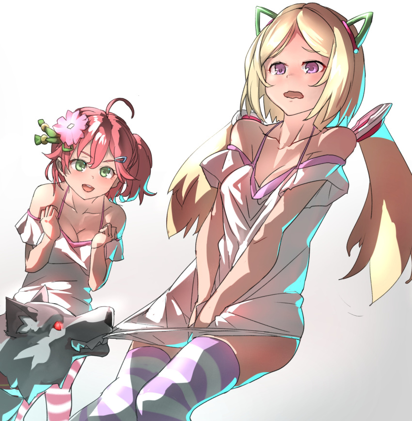 2girls absurdres ahoge aki_rosenthal animal ass bare_shoulders blonde_hair breasts cherry_blossoms cleavage collarbone covering covering_crotch embarrassed eyebrows_visible_through_hair floating_hair green_eyes hair_ornament hairclip highres hololive minecraft multiple_girls open_mouth pink_hair purple_eyes red_eyes ryuugan sakura_miko side_ponytail striped striped_legwear tagayasukou thighhighs thighs twintails virtual_youtuber white_background wolf_(minecraft)