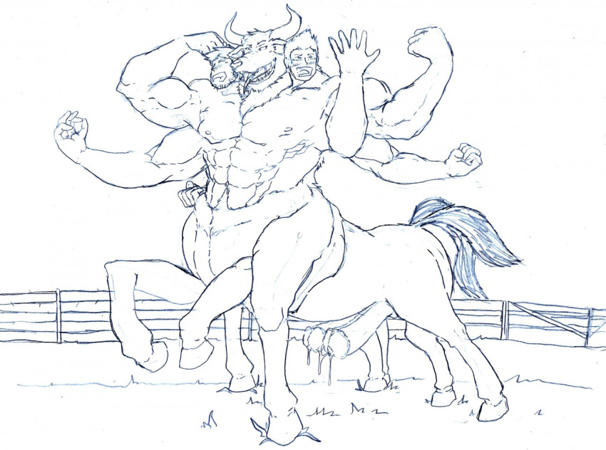 bodily_fluids bovid bovine cattle centaur conjoined equid equid_taur equine erection genital_fluids gingatokkyu growth horn horse line_art male mammal mammal_taur merging multi_arm multi_head multi_leg multi_limb multifur muscular precum ranch shocked sleipnir story surprise taur