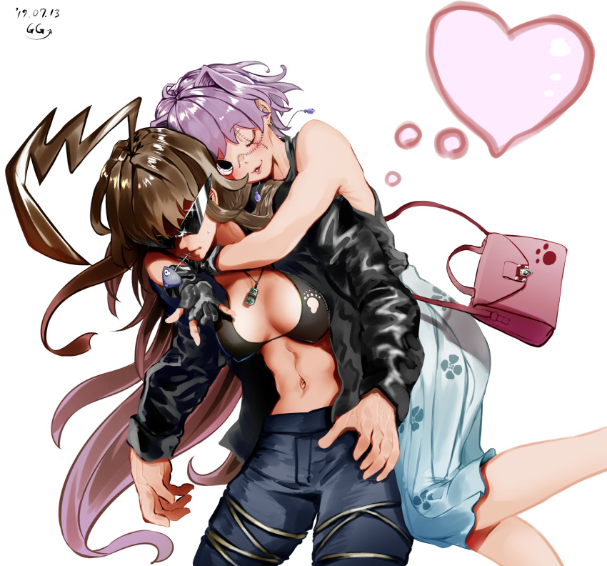 2girls :3 \m/ abs ahoge bag bikini_top blouse breasts brown_hair dated denim earrings fish_bone floral_print gegeron gloves handbag heart highres hug hug_from_behind huge_ahoge jacket jeans jewelry kantai_collection kuma_(kantai_collection) leather leather_jacket long_hair medium_breasts medium_skirt mouth_hold multiple_girls navel necklace one_eye_closed open_clothes open_jacket pants partly_fingerless_gloves paw_print purple_hair shirtless short_hair signature simple_background skirt sleeveless_blouse stitched_face stitches sunglasses tama_(kantai_collection) veiny_hands white_background