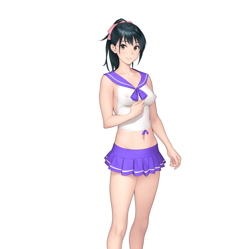 1girl black_hair blue_skirt bubuzuke covered_nipples hair_ribbon high_ponytail highres kimijima_asahi long_hair looking_at_viewer midriff navel official_art otto_no_inu_aida_ni..._~watashi_odosarete_anata_ni_ienai_koto_shimashita~ pleated_skirt ribbon see-through skirt smile solo transparent_background