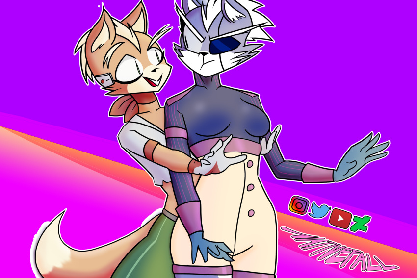 2019 anthro blush breasts butt canid canine canis clothed clothing eyelashes female fox_mccloud girly hi_res mammal mature_female nativefall nintendo simple_background star_fox teasing thick_thighs video_games wolf wolf_o'donnell